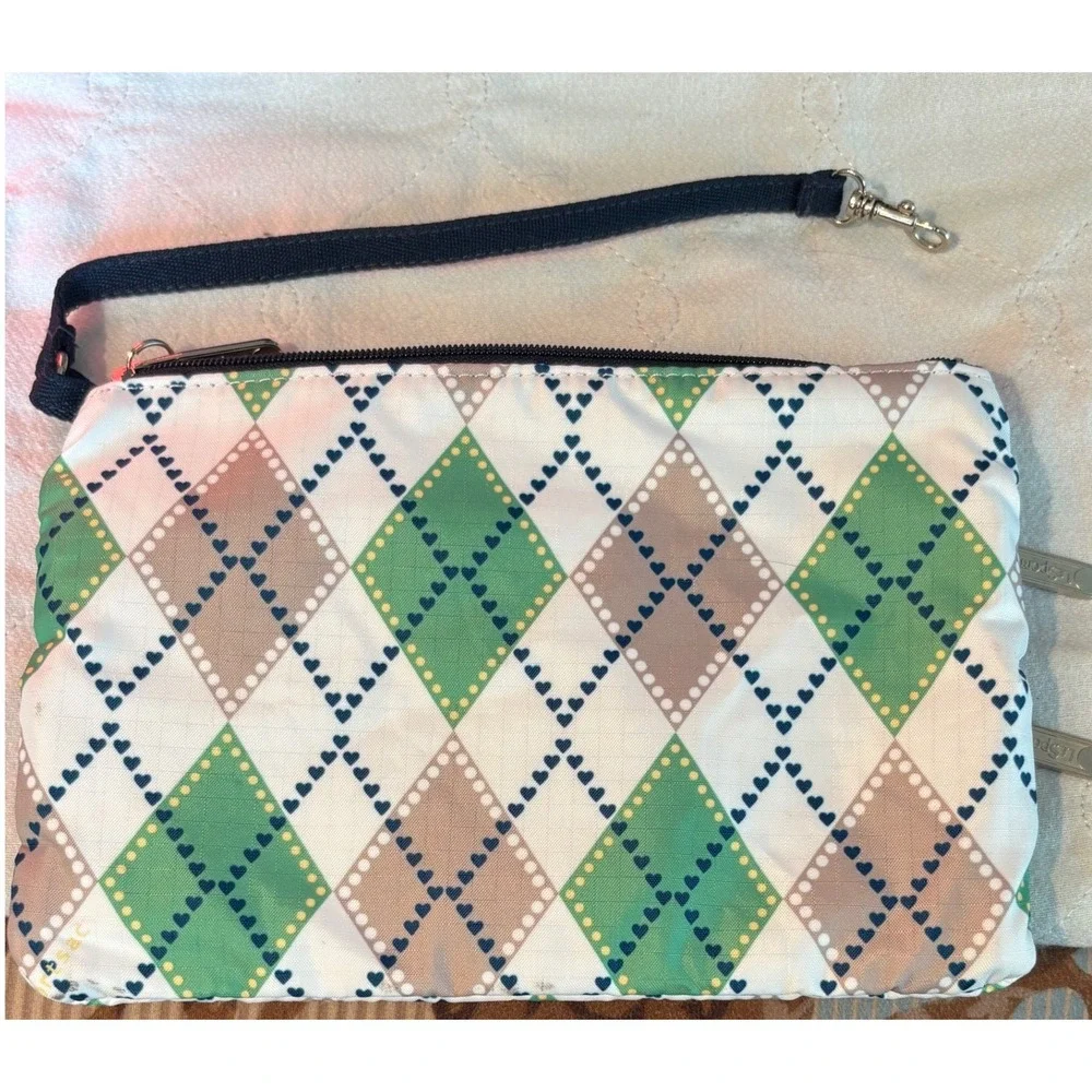 LeSportsac 3-Zip Cosmetic Pouch Womens Wallet Small Green Argyle‎ Wristlet Bag